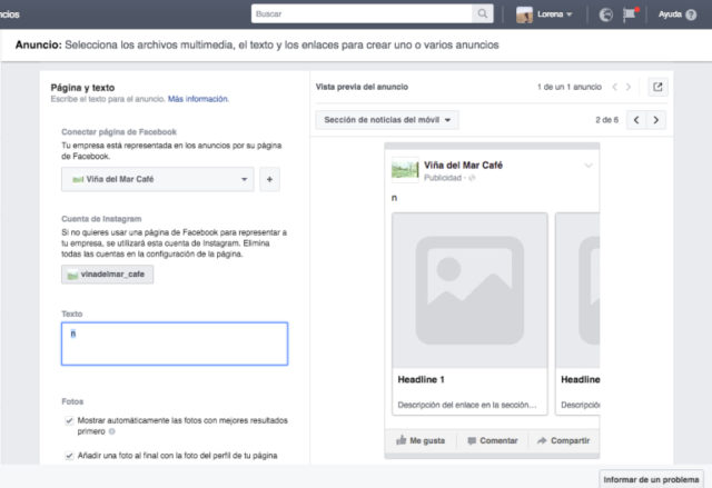 contenuto facebook ads manager