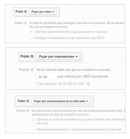 pujas de campañas de Facebook Ads