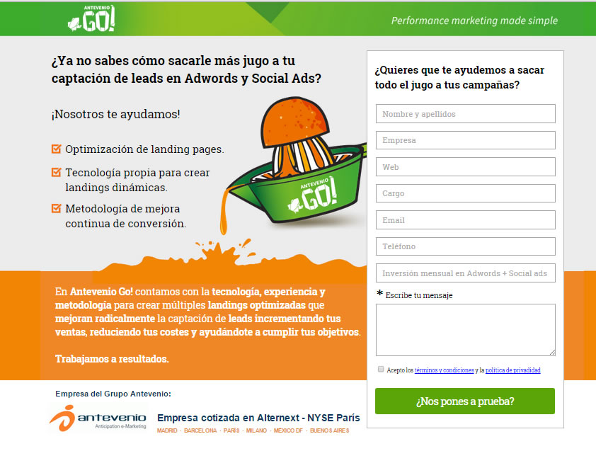 landing page de Antevenio Go!