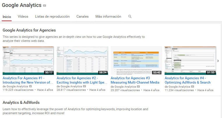 Canal de Youtube de Google Analytics