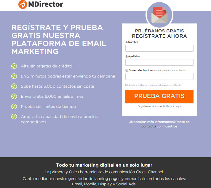 landing page de MDirector