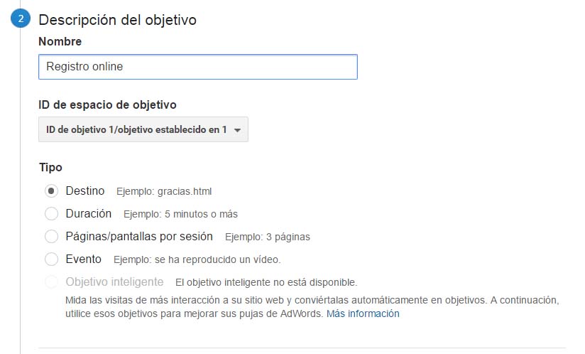 Descripción de objetivos en Google Analytics