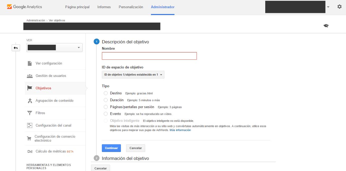 configurar objetivos de conversión