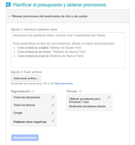 planificador de palabras clave de adwords: Previsiones de tráfico
