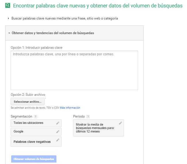 planificador de palabras clave de adwords: Volumen de búsquedas
