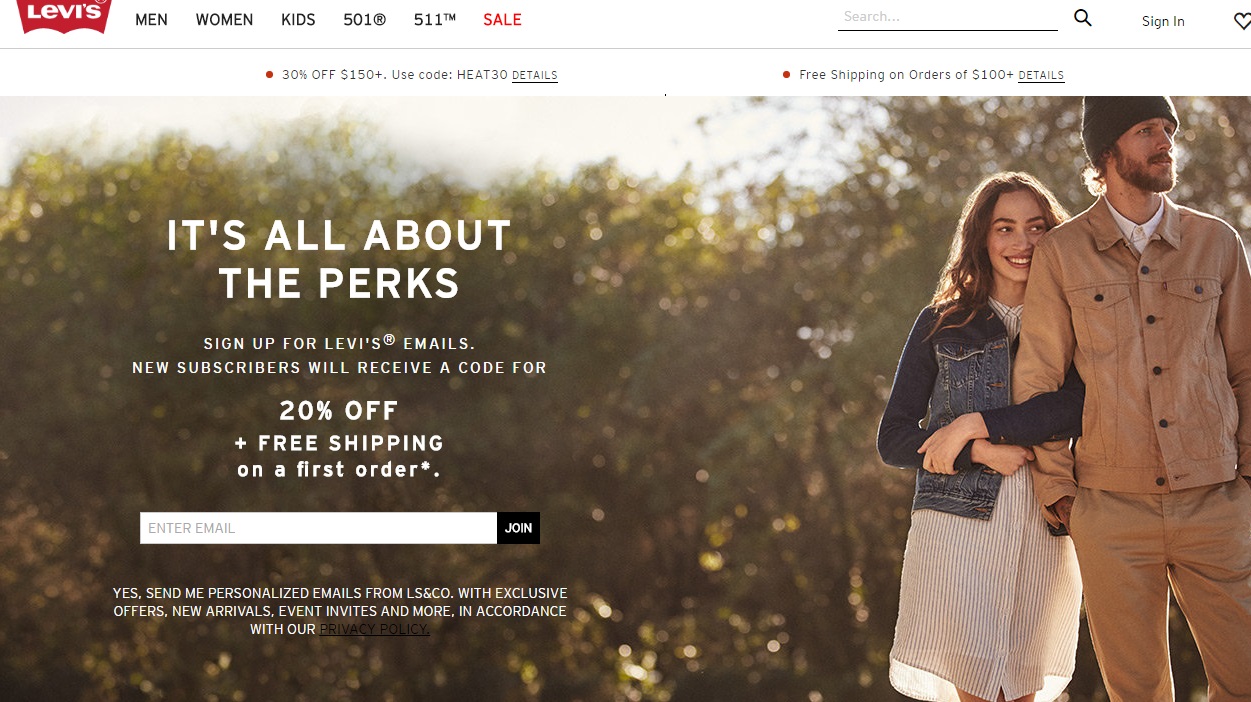 organización de una landing page: Levi's
