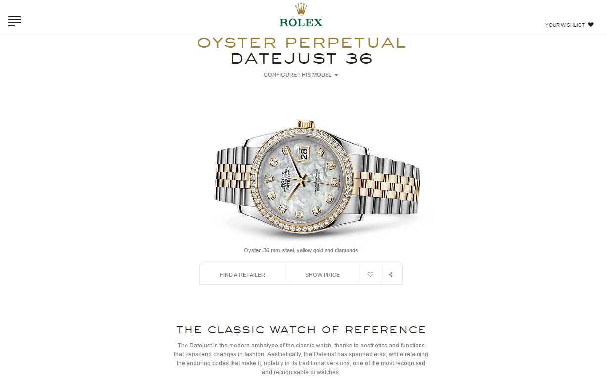 organización de una landing page: Rolex