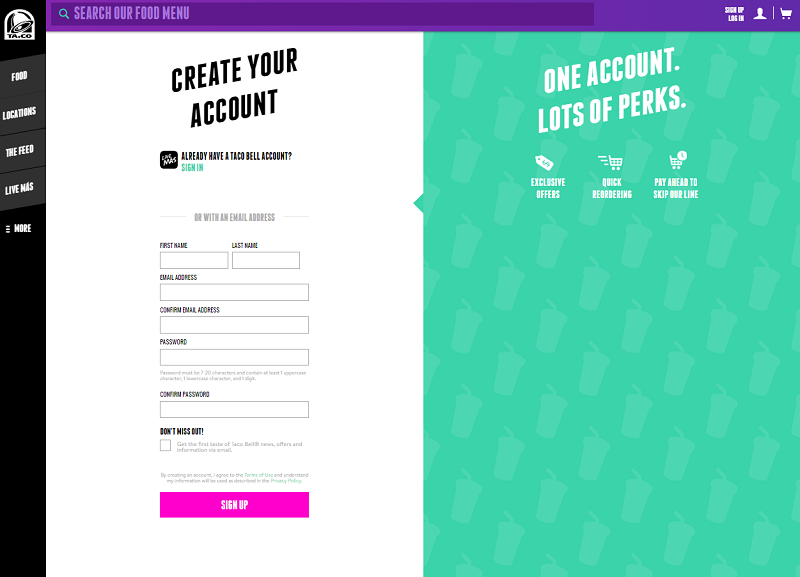 Landing page Taco Bell