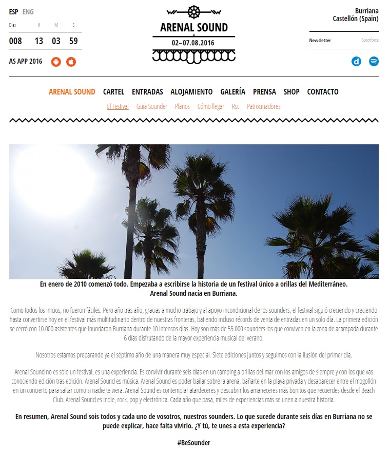 landing pages de fiestas veraniegas: Arenal Sound
