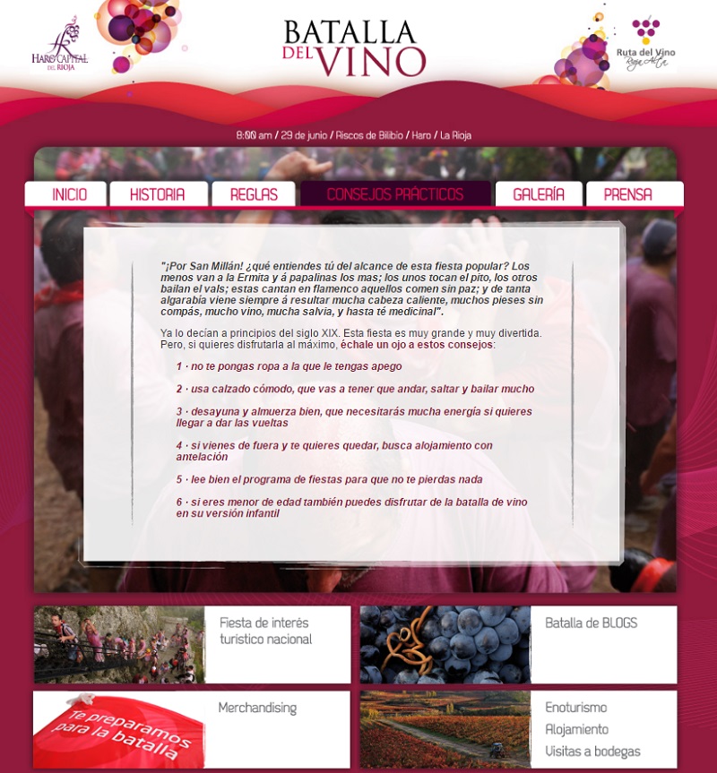 landing pages de fiestas veraniegas: Batalla del vino