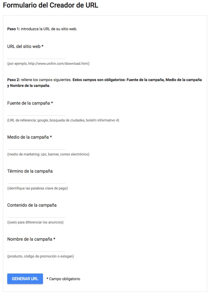 Formulario de urls para códigos utm