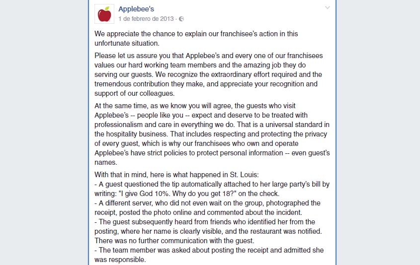 crisis en redes sociales mal gestionadas: AppleBee's