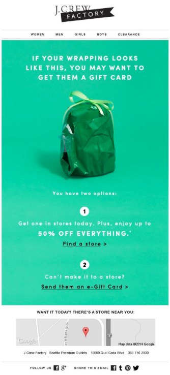 Ejemplos de súper campañas de email marketing: JCrew Factory