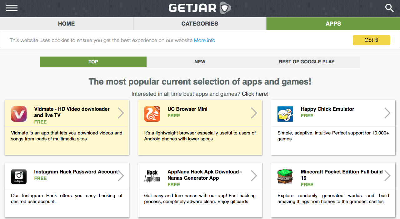 canales de descarga de apps: GetJar