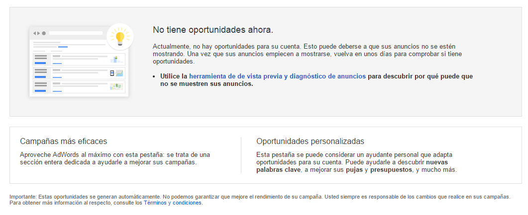 pestaña de oportunidades de Adwords: sin oportunidades