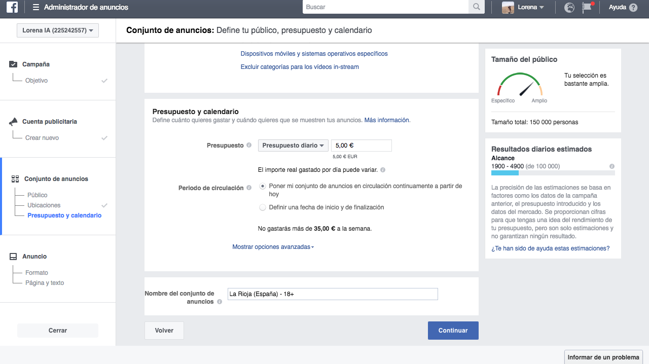 crear anuncios eficaces en Facebook: presupuesto