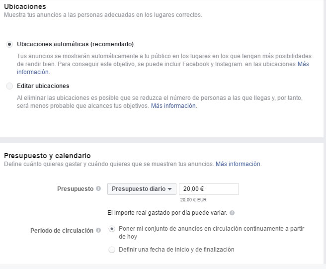 ubicaciones y presupuesto en Instagram Lead Ads