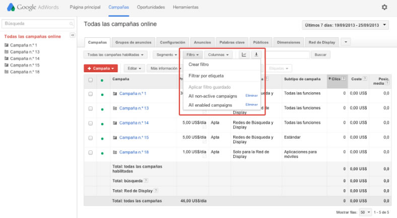 filtros para espiar a la competencia en Adwords