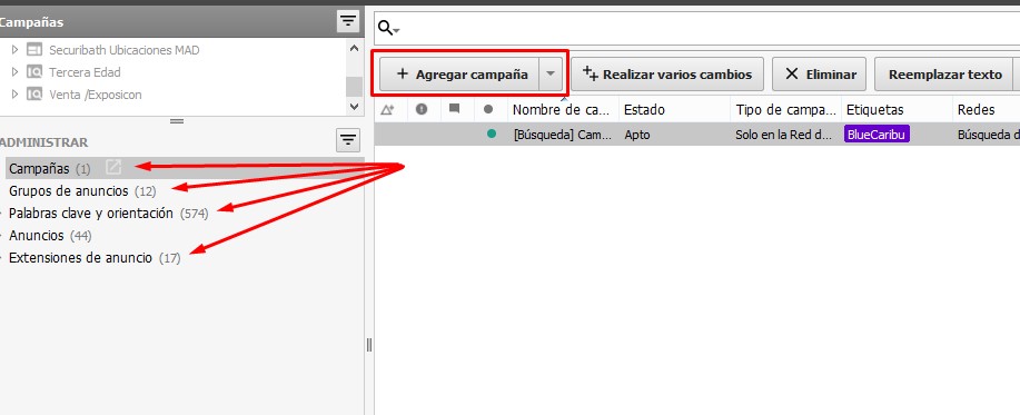 añadir elementos en Adwords Editor