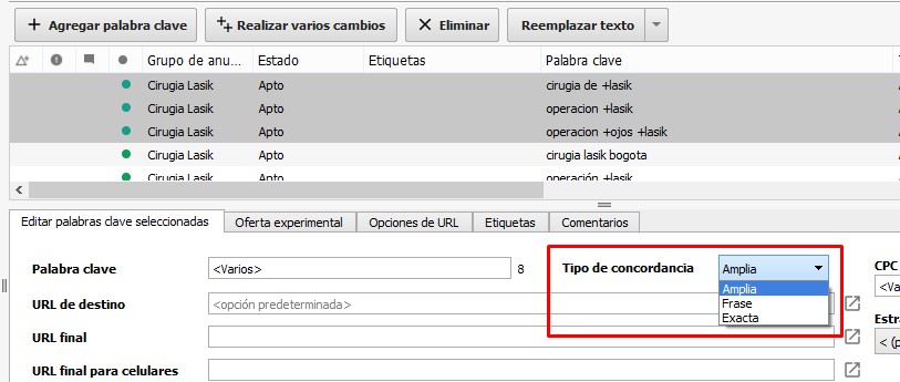 Concordancias en Adwords Editor