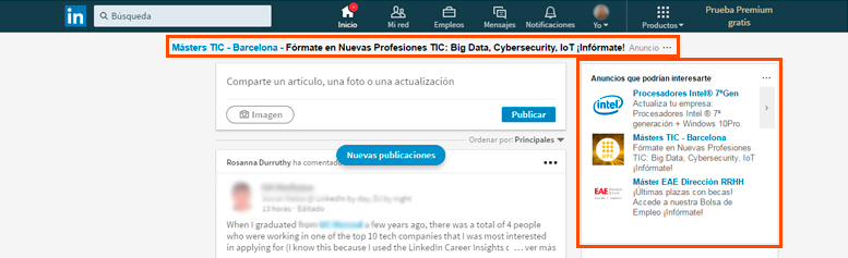 Publicidad en Linkedin; anuncio texto