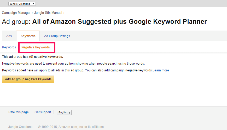 campaña de publicidad en Amazon Ads keywords negativas