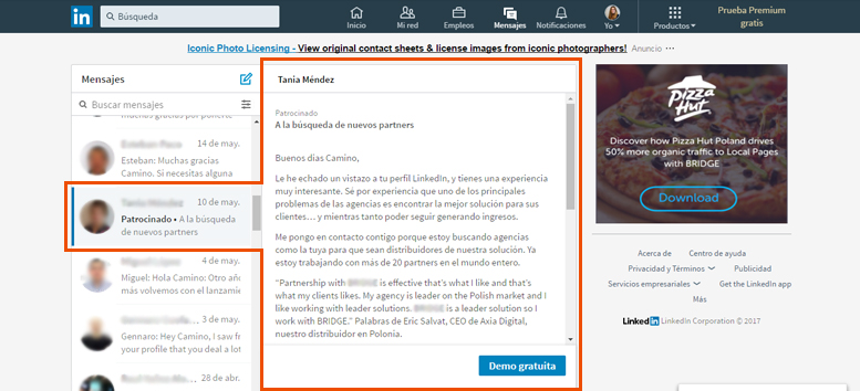 Publicidad en Linkedin; Inmail