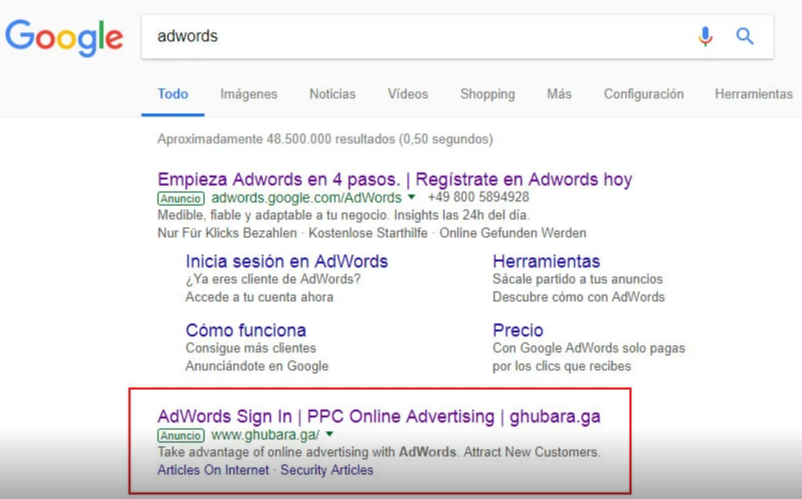 Phishing en Google Ads modalidades