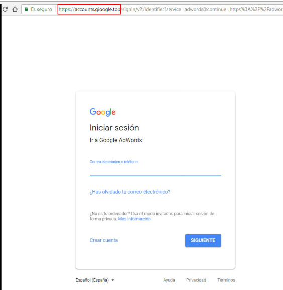 Phishing en Google Ads correo