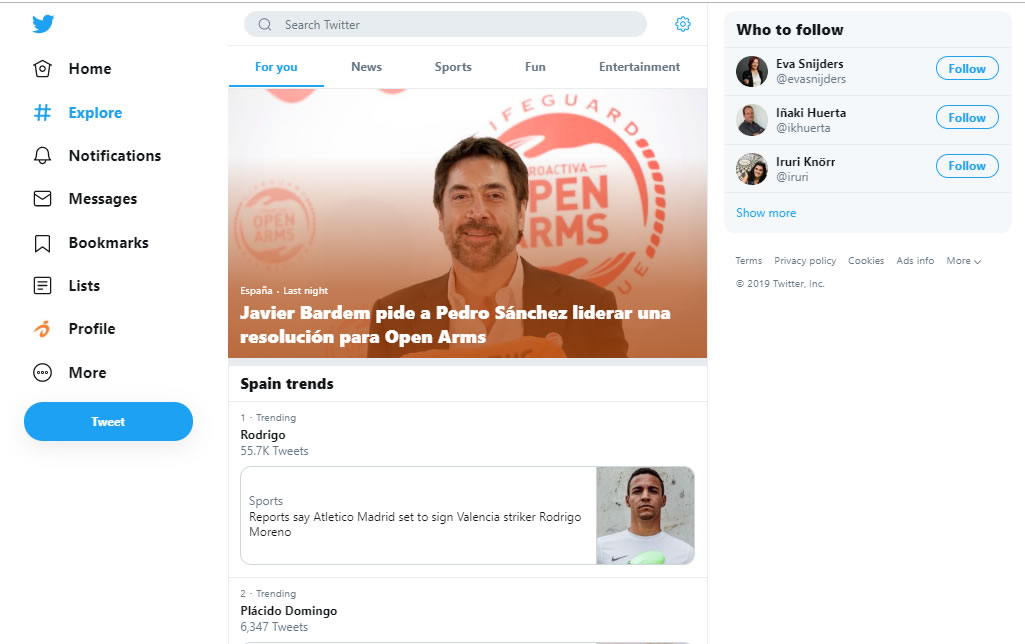nuevo diseño de Twitter: sección Explore