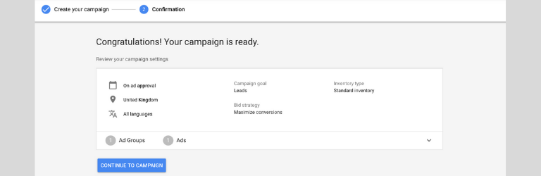 Confirma la creación de la campaña