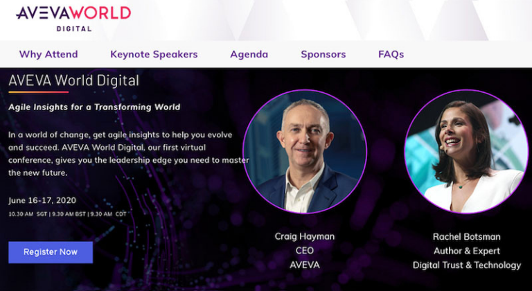 Página de aterrizaje de un evento virtual de AvevaWorld