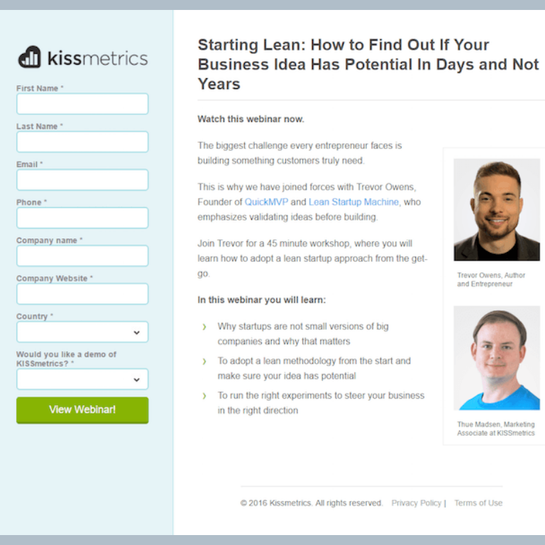 Landing page con formulario para promocionar webinar