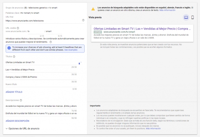 Anuncios adaptables de búsqueda: guía